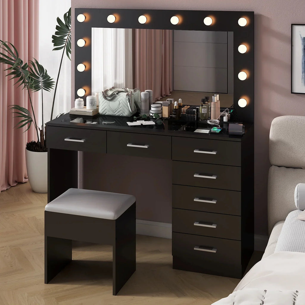 2026 NewKtaxon Large Makeup Vanity, Vanity Table Set w/ Visible Glass Top w/ Charging Station, White
