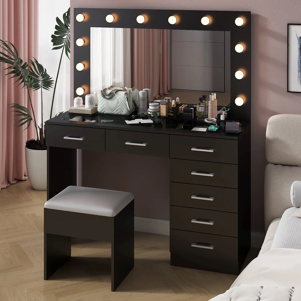 2026 NewKtaxon Large Makeup Vanity, Vanity Table Set w/ Visible Glass Top w/ Charging Station, White