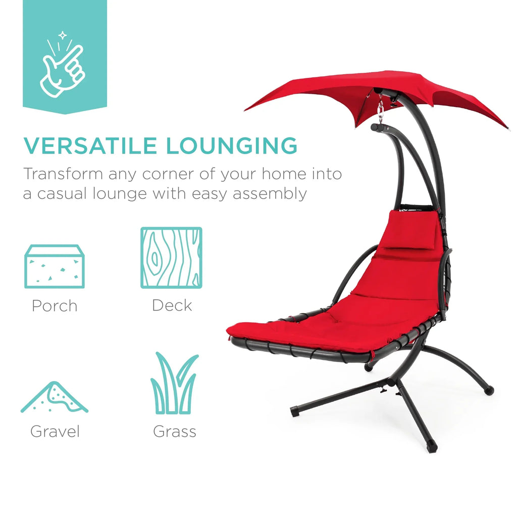 2026 NewBest Choice Products Hanging Curved Chaise Lounge Chair Swing for Backyard, Patio w/ Pillow, Shade, Stand - Teal