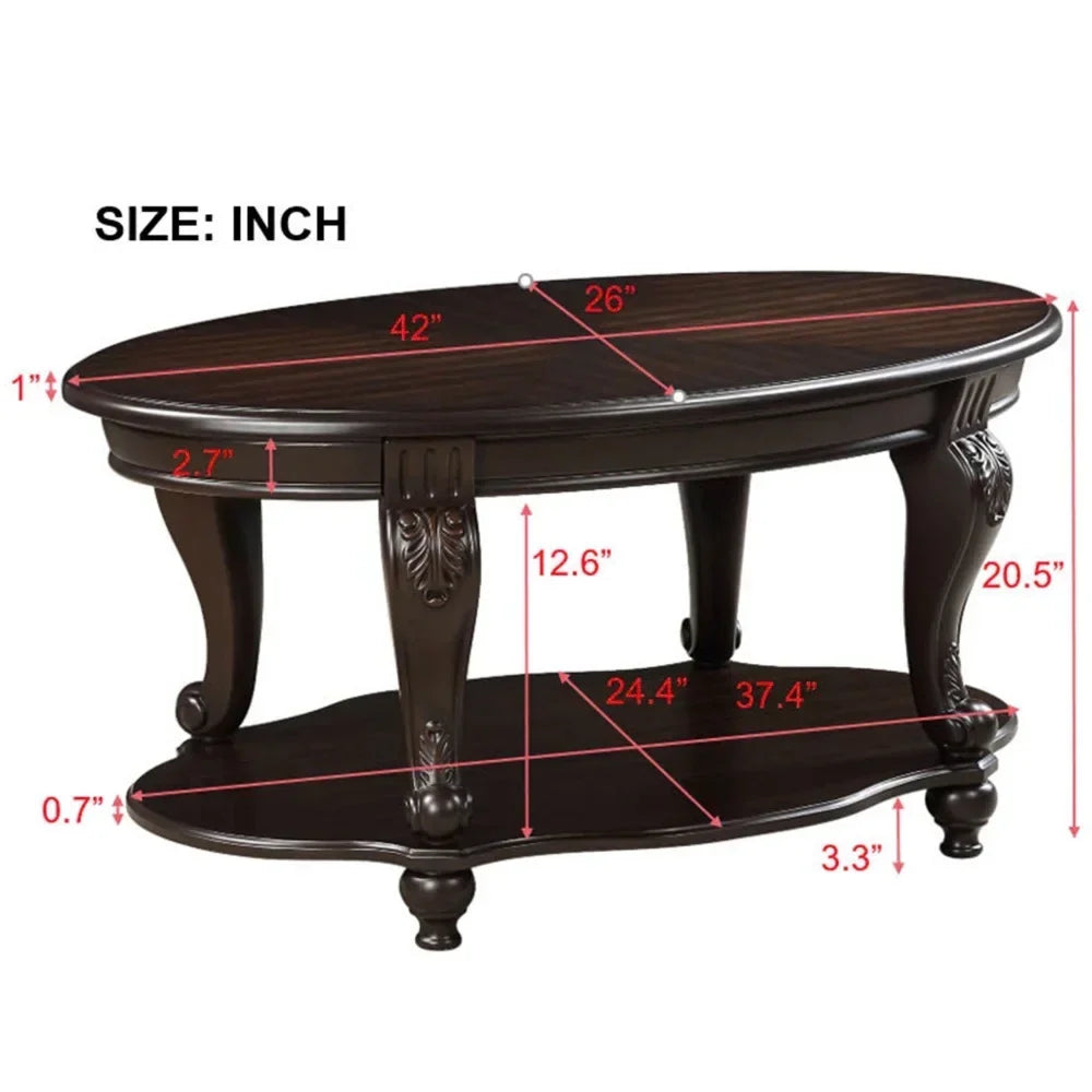 2026 New42" Oval Coffee Table with Storage Shelf, 2-Tier Solid Wood Cocktail Tea Table, Traditional Retro Center Table for Living Room, Bearing 400LBS, Cherry