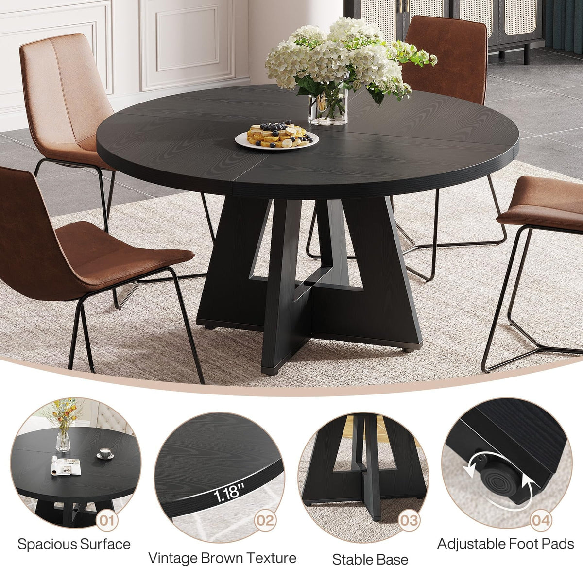 2026 NewTribesigns Round Dining Table for 4, Grey Kitchen Table 47 Inch Farmhouse Wood Kitchen Dinning Table for Kitchen Living Room