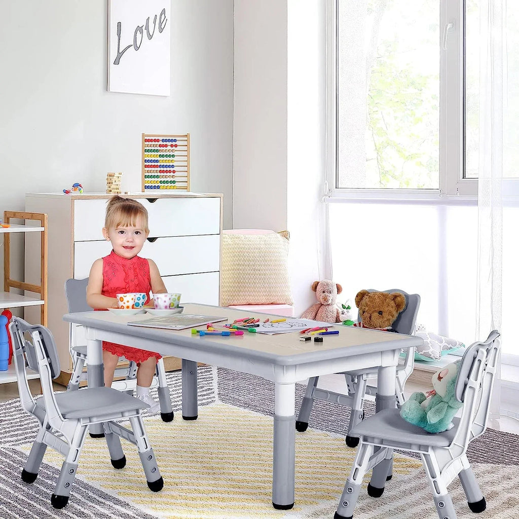 2026 NewLAZY BUDDY Kids Table and 4 Chairs Set, Height Adjustable Toddler Desk with Graffiti Desktop, Kids Activity Table Set for Daycare, Home
