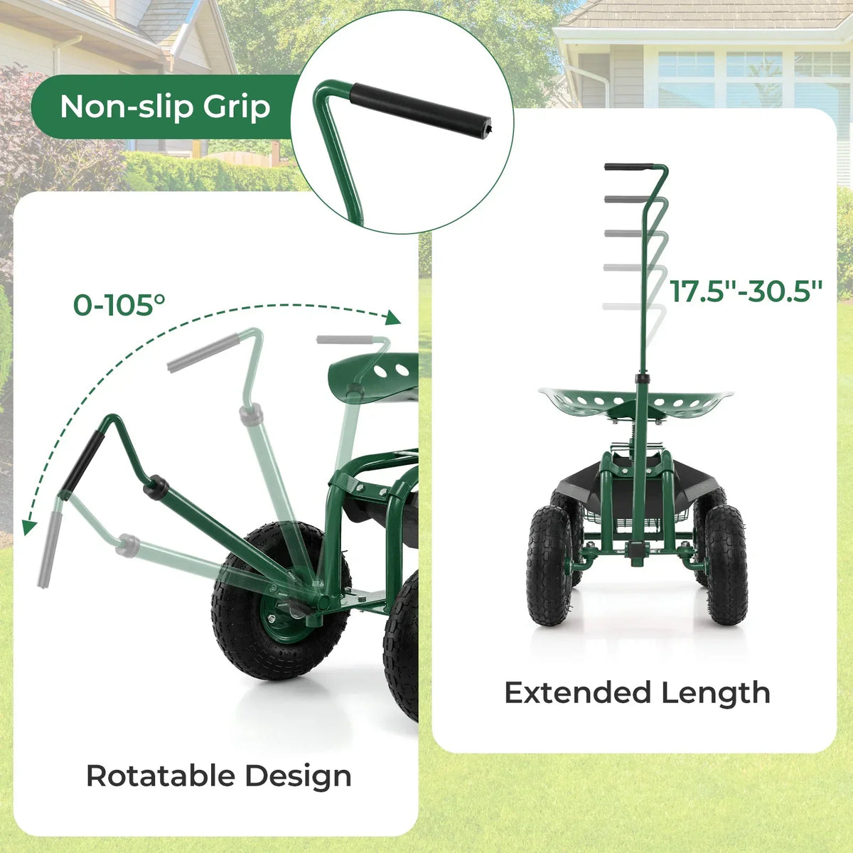 2026 NewCostway Garden Cart Rolling Work Seat for Planting with Extendable Handle Green