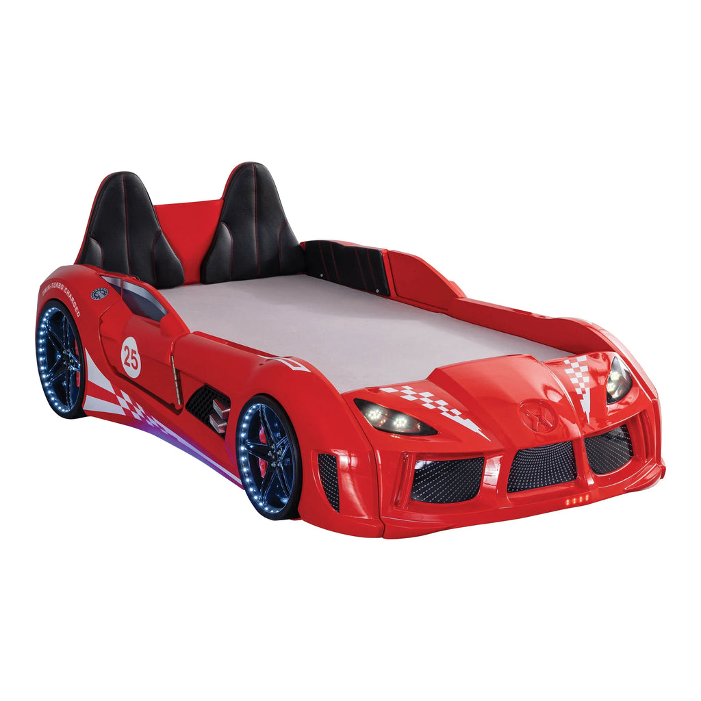 2026 NewFurniture of America Dash Kids Plastic Twin Race Car Bed with LED and Sound, White