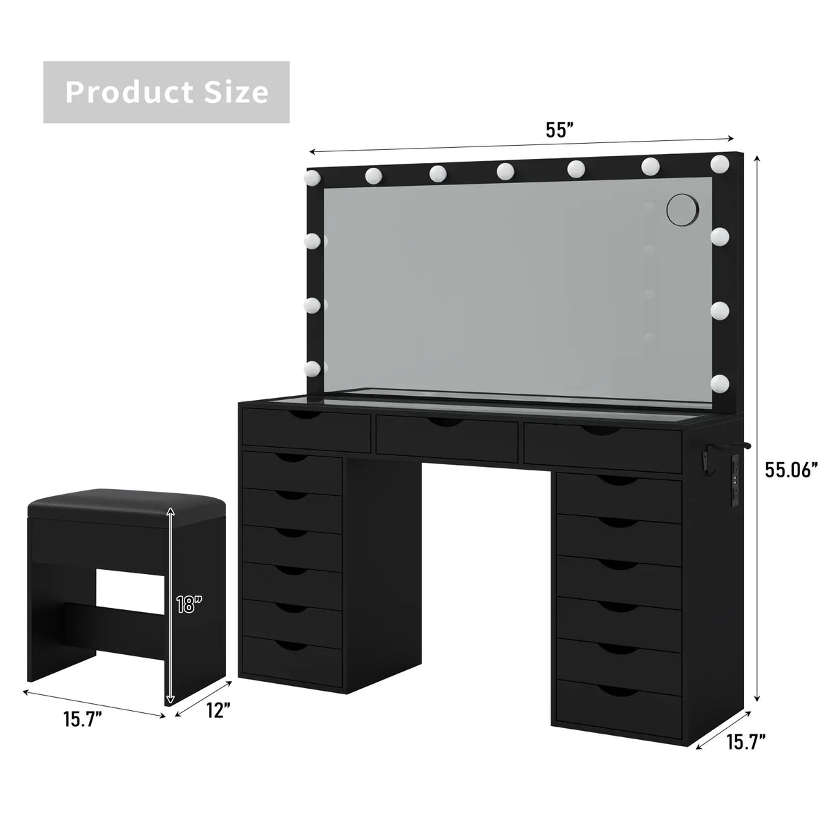 2026 NewYanosaku 15 Drawers Vanity Desk with Power Outlet, Makeup Table with Mirror and 13 LED Lights, 3 Color Lighting Modes, Brightness Adjustable, Glass Top Dressing Table, Vanity Set for Bedroom