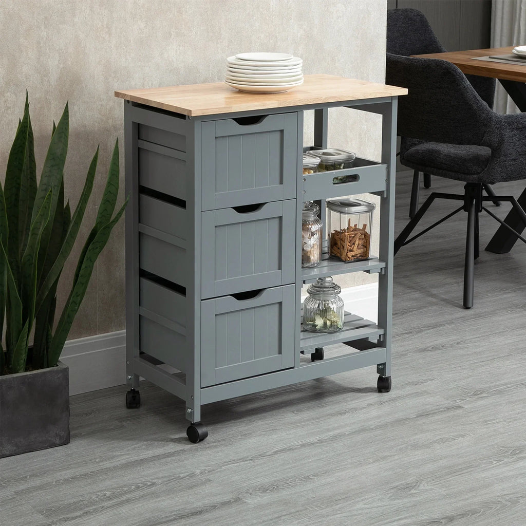 2026 NewHOMCOM Rolling Kitchen Island Cart, Bar Serving Cart, Compact Trolley on Wheels with Wood Top, Shelves & Drawers for Home Dining Area, Grey