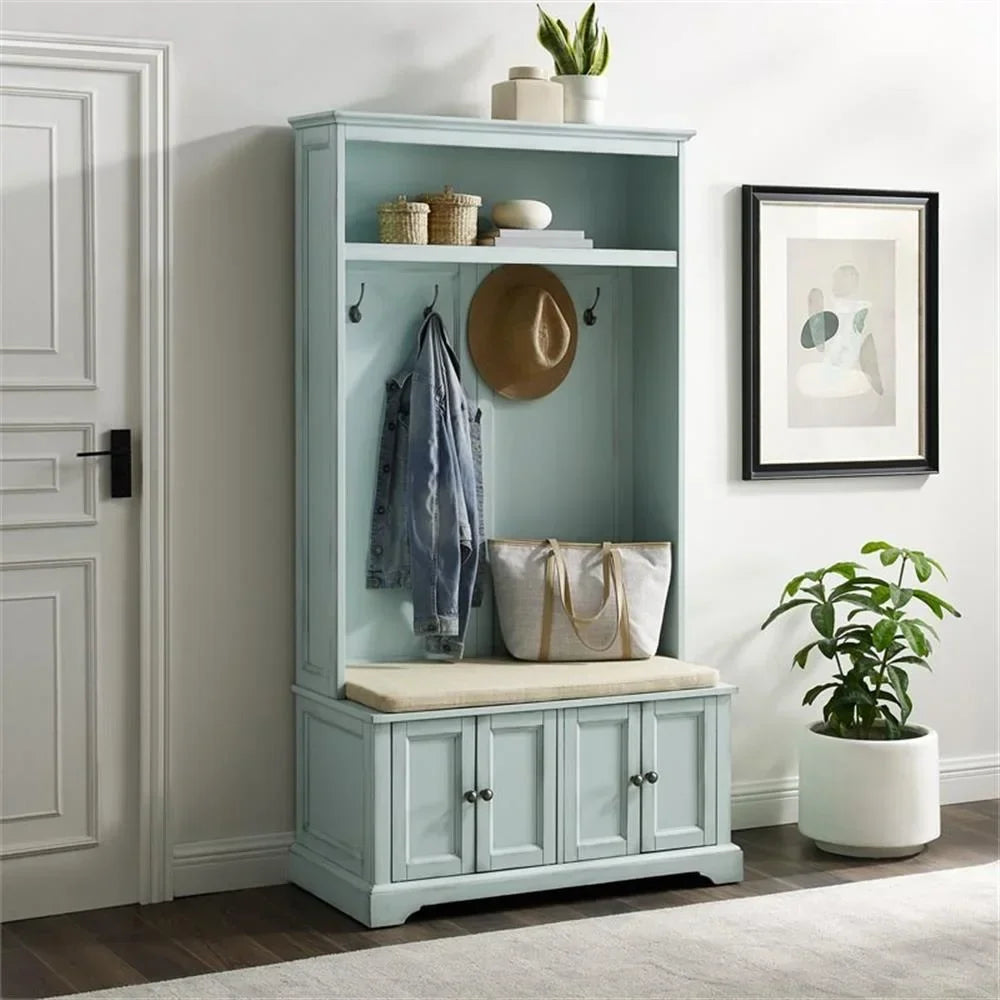 2026 NewBowery Hill Traditional Wood Hall Tree in Seafoam Blue/Oatmeal