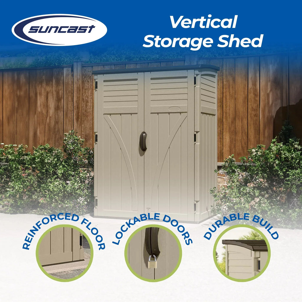 2026 NewSuncast Large Vertical Shed for Storing Oudoor Tools, & Equipment, Sand