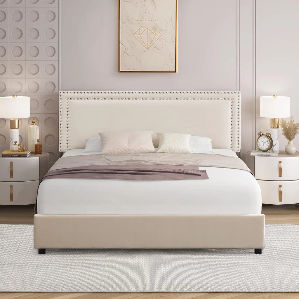 2026 NewVECELO Full Bed Frame with 4 Storage Drawers (Wheeled) and Tufted Upholstered Adjustable Headboard Platform Bed, Beige