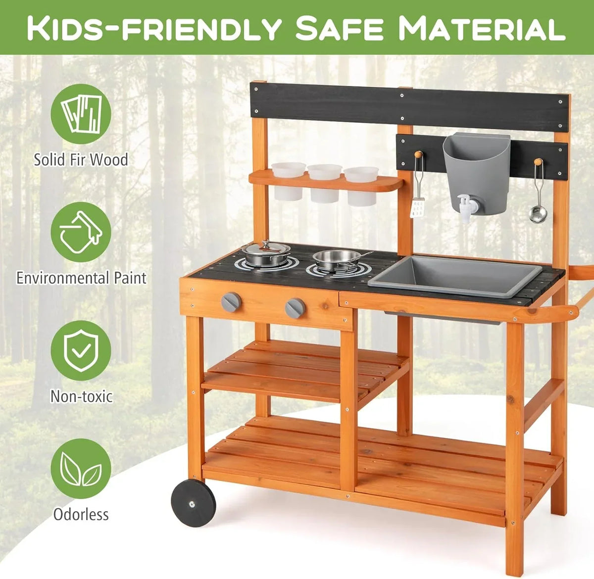 2026 NewOLAKIDS Mud Kitchen, Outdoor Play Kitchen with Wheels 3 Cups Removable Sink Cooking Accessories Wooden Kids Kitchen Playset Backyard Garden Toys Gift for Boys Girls Ages 3+