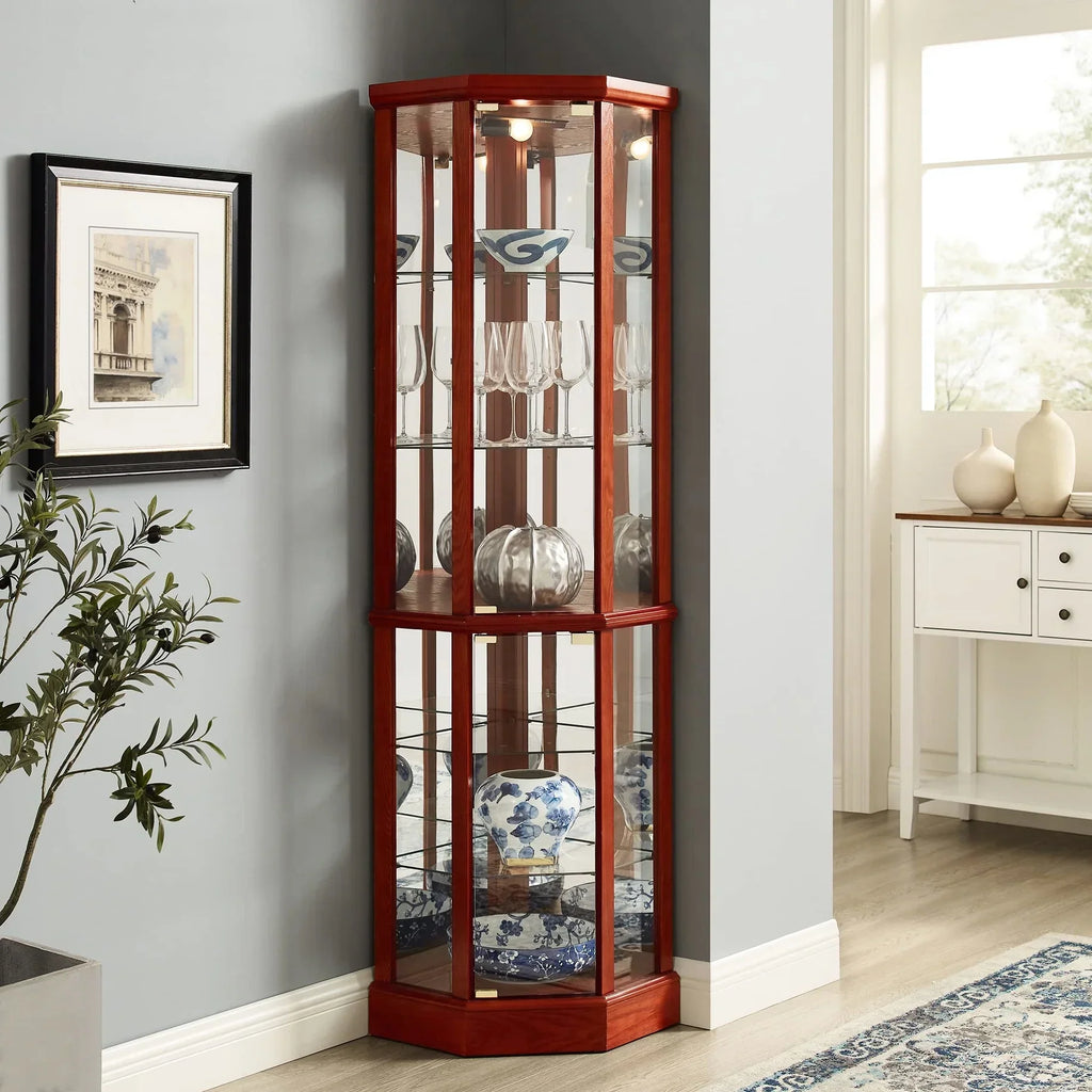 2026 NewWalnut Cabinet With 6 Shelves, Adjustable Glass & Mirrored Back Design Shelf Lighted Corner Curio Shelves In