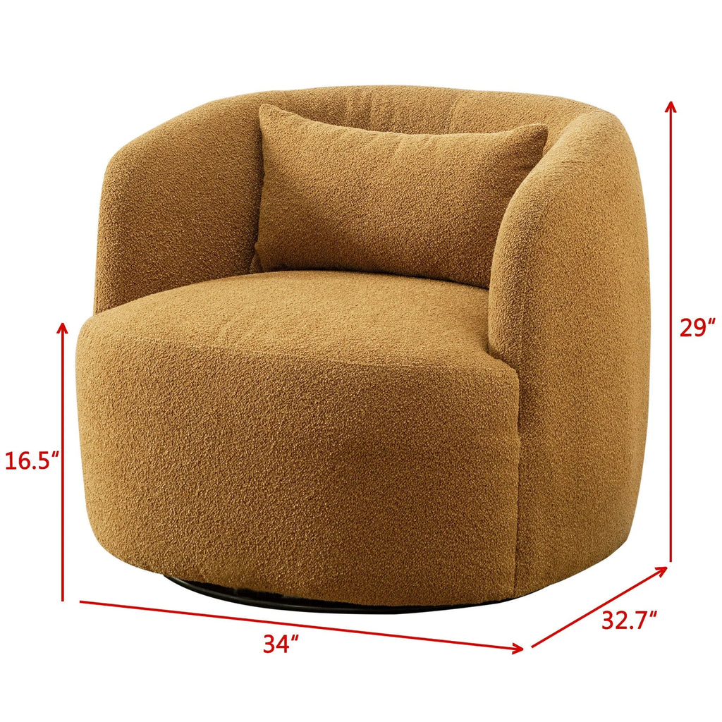 2026 New34" Wide Boucle Swivel Barrel Chair, No Assembly Round Upholstered Armchair Accent Chair Single Sofa Chair with Toss Pillow for Living Room and Bedroom, Taupe