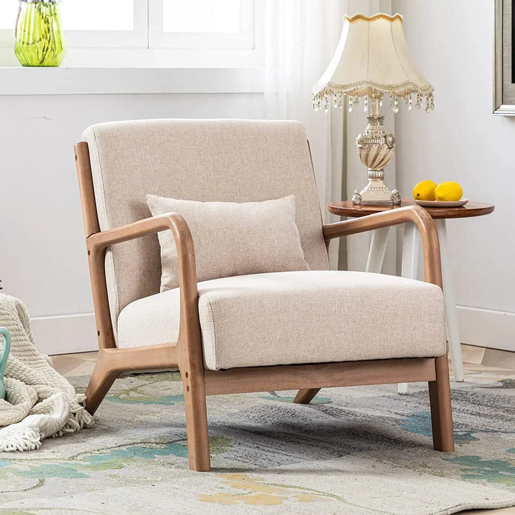 2026 NewBonzy Home Mid Century Modern Accent Chair, Single Fabric Lounge Reading Armchair with Solid Wood Frame, Easy Assembly Arm Chairs for Living Room, Beige
