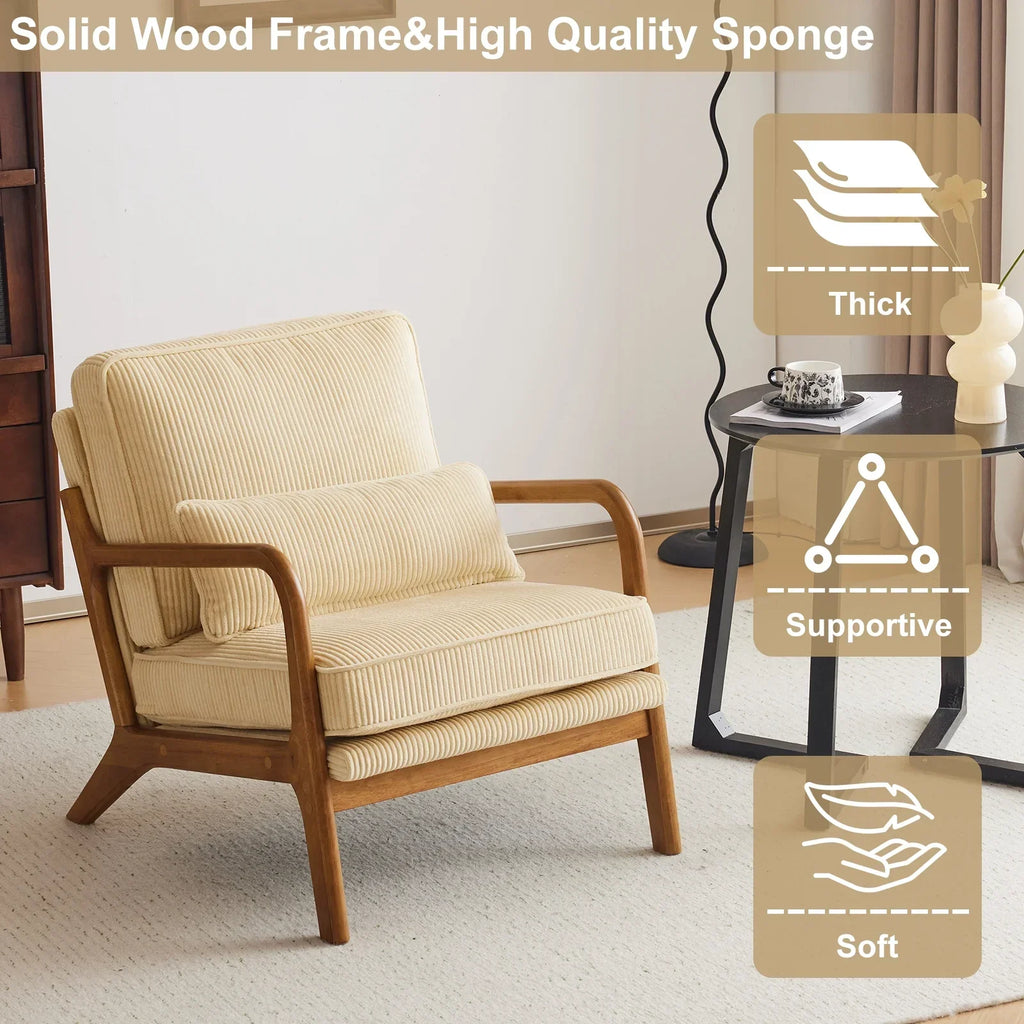 2026 NewKtaxon Accent Chair Corduroy Upholstered Armchair, Reading Club Chair with Pillow and Solid Wood Frame for Living Room Bedroom Furniture Off White