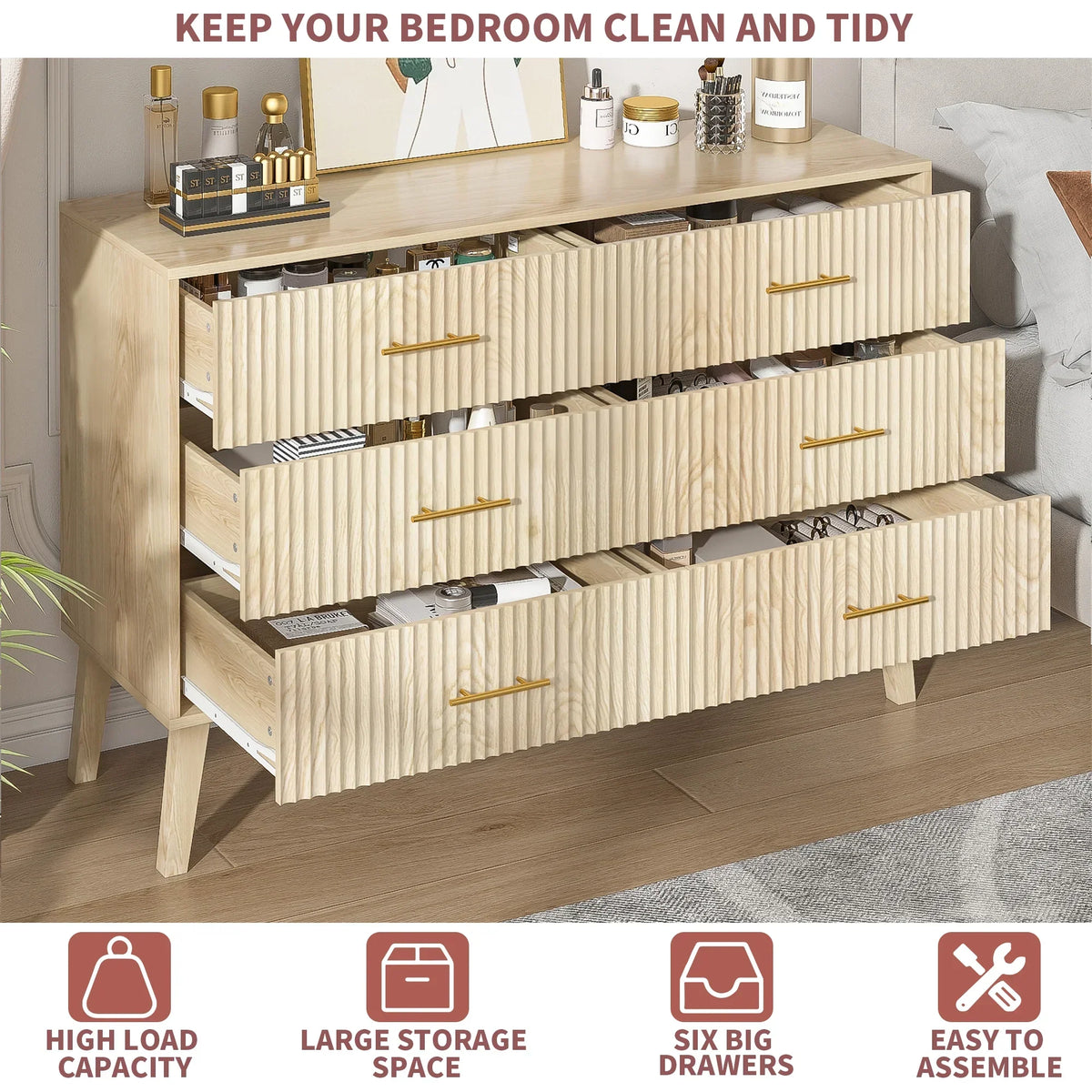 2026 NewFluted 6 Drawers Dresser, Wide Modern Chest of Drawers, 6 Drawer Double Dresser