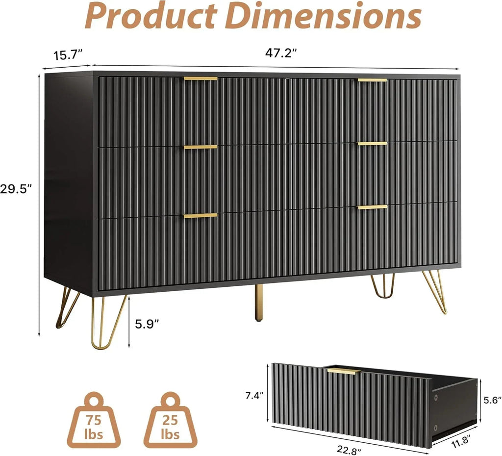 2026 NewFURNIWAY White 6 Drawer Dresser for Bedroom, Modern Dresser with Gold Metal Handles,Fluted Wood TV Stand for Living Room, Hallway