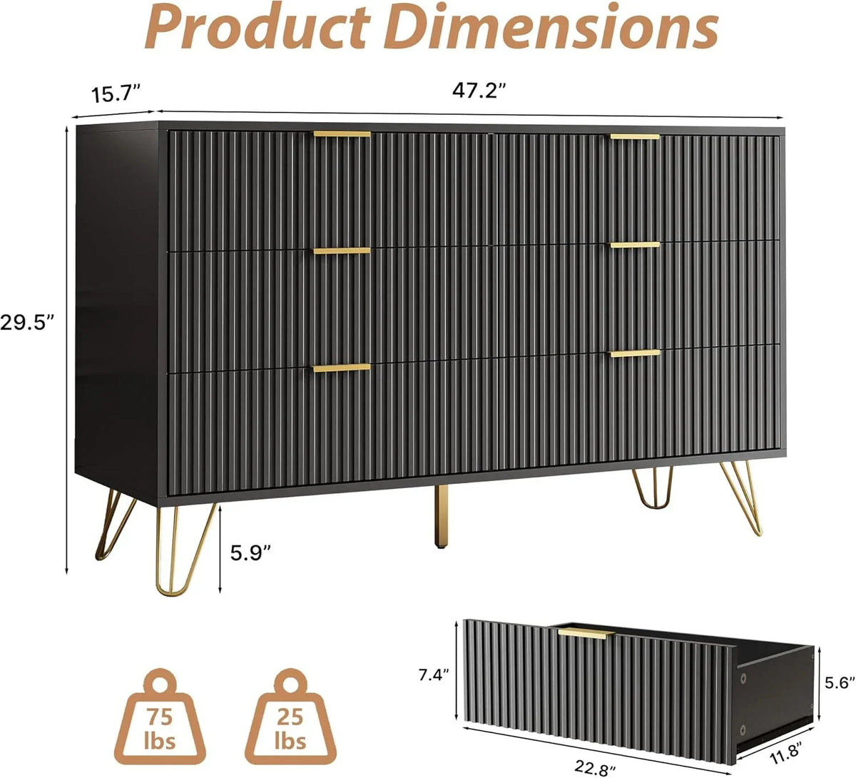 2026 NewFURNIWAY White 6 Drawer Dresser for Bedroom, Modern Dresser with Gold Metal Handles,Fluted Wood TV Stand for Living Room, Hallway