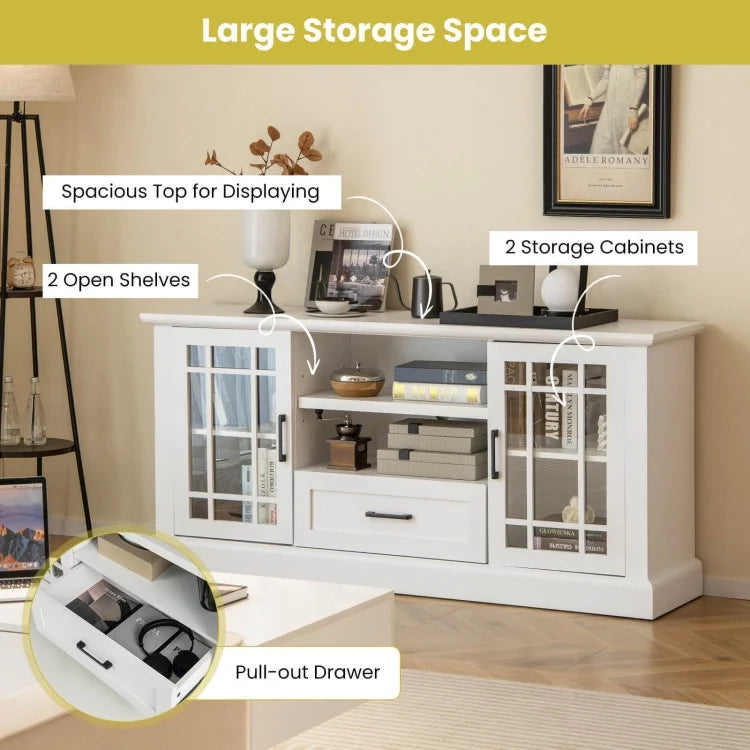 2026 NewTV Stand for TVs up to 70 with Glass Doors Cubbies and Drawer
