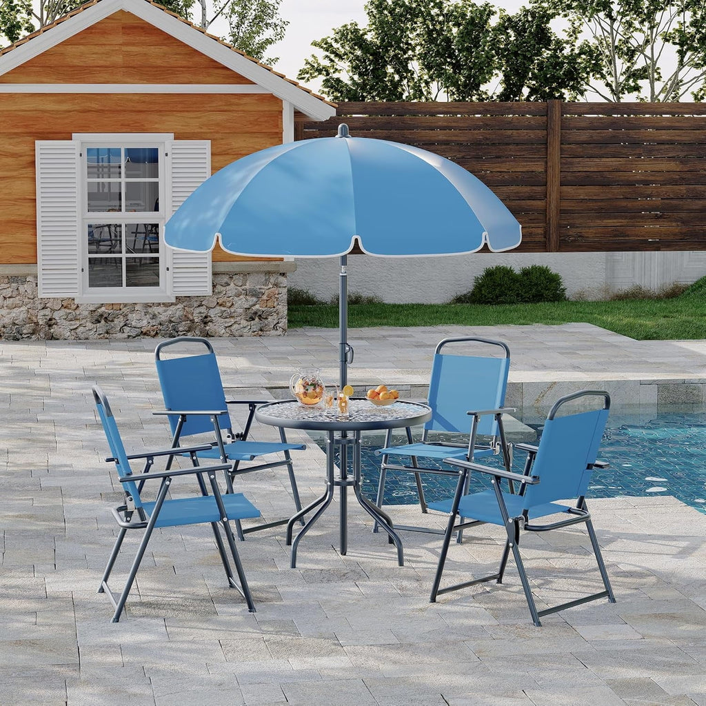 2026 New6 Pieces Outdoor Dining Set With Umbrella, Patio Table and 4 Folding Chairs With Umbrella, Garden Patio Furniture Set With Umbrellas, Tempered Glass Top Dining Table