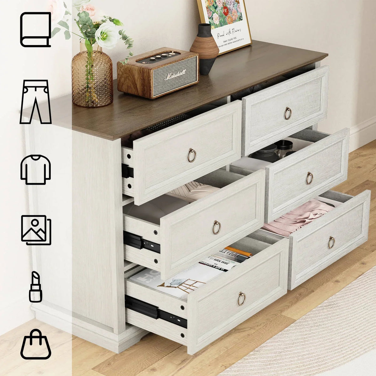 2026 NewFAGAGA 6 Drawers Dresser for Living Room,Storage Cabinet Wooden Dressers Organizer for Bedroom,White