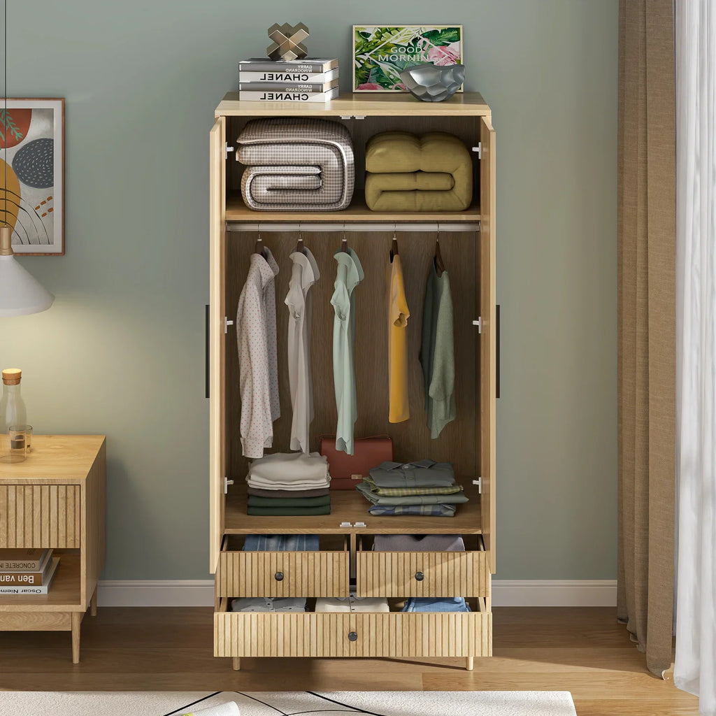 2026 NewArmoire Wardrobe Closet with 2 Doors, Wardrobe Cabinet with Hanging Rod and Drawers, Wooden Closet for Bedroom, White