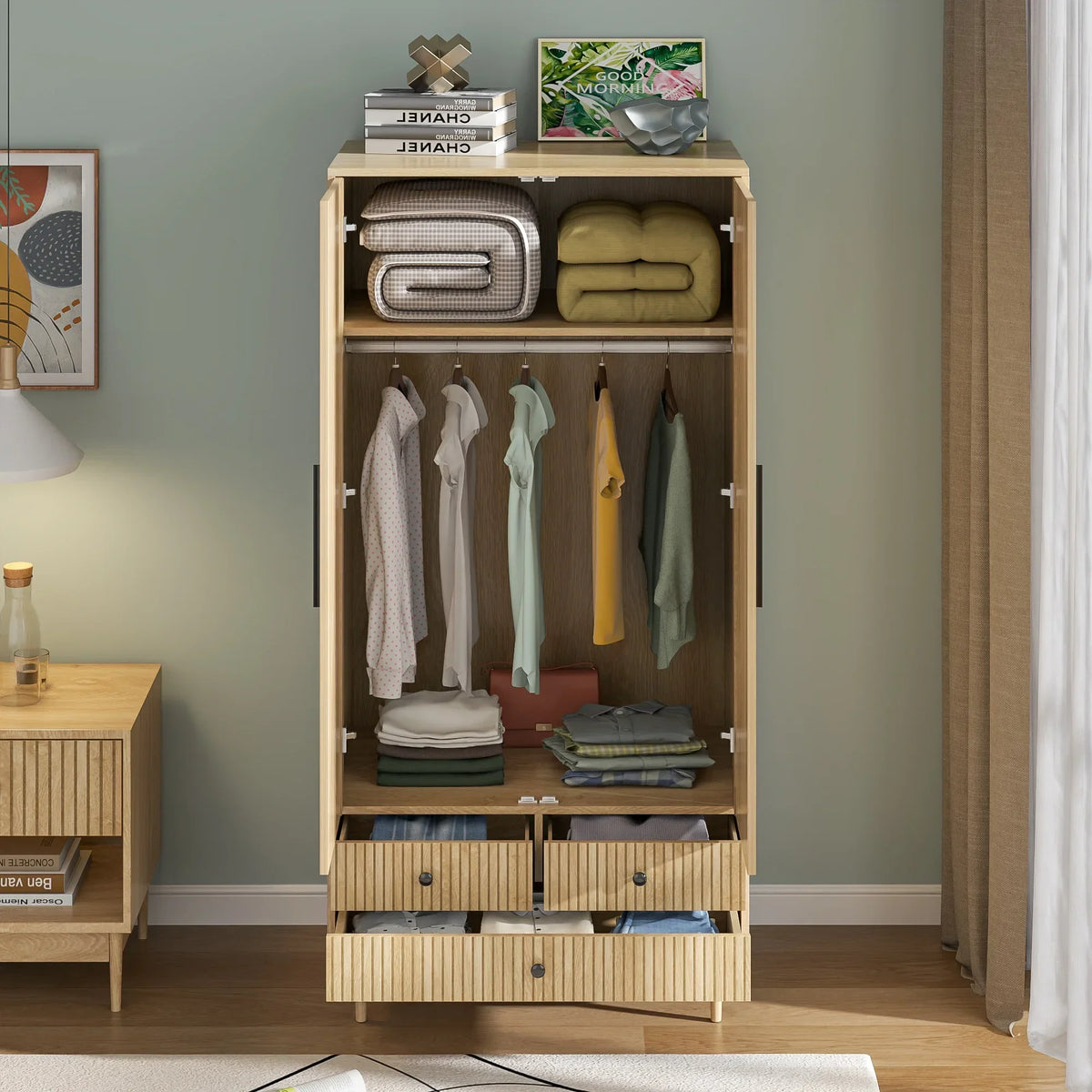 2026 NewArmoire Wardrobe Closet with 2 Doors, Wardrobe Cabinet with Hanging Rod and Drawers, Wooden Closet for Bedroom, White