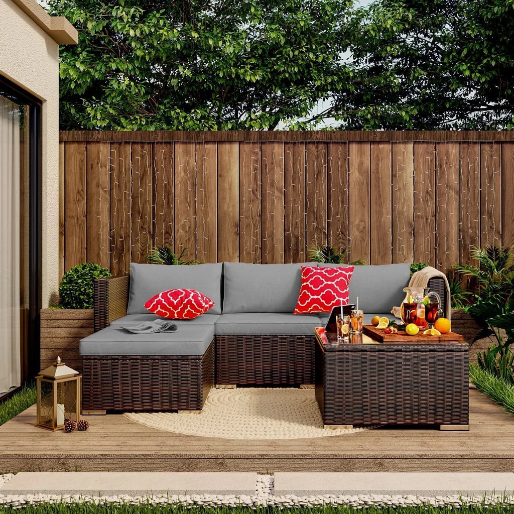 2026 NewPatio Furniture Set Clearance, Lofka 5 Piece Outdoor Sectional Furniture Chair Set with Cushions and Tea Table, Gray