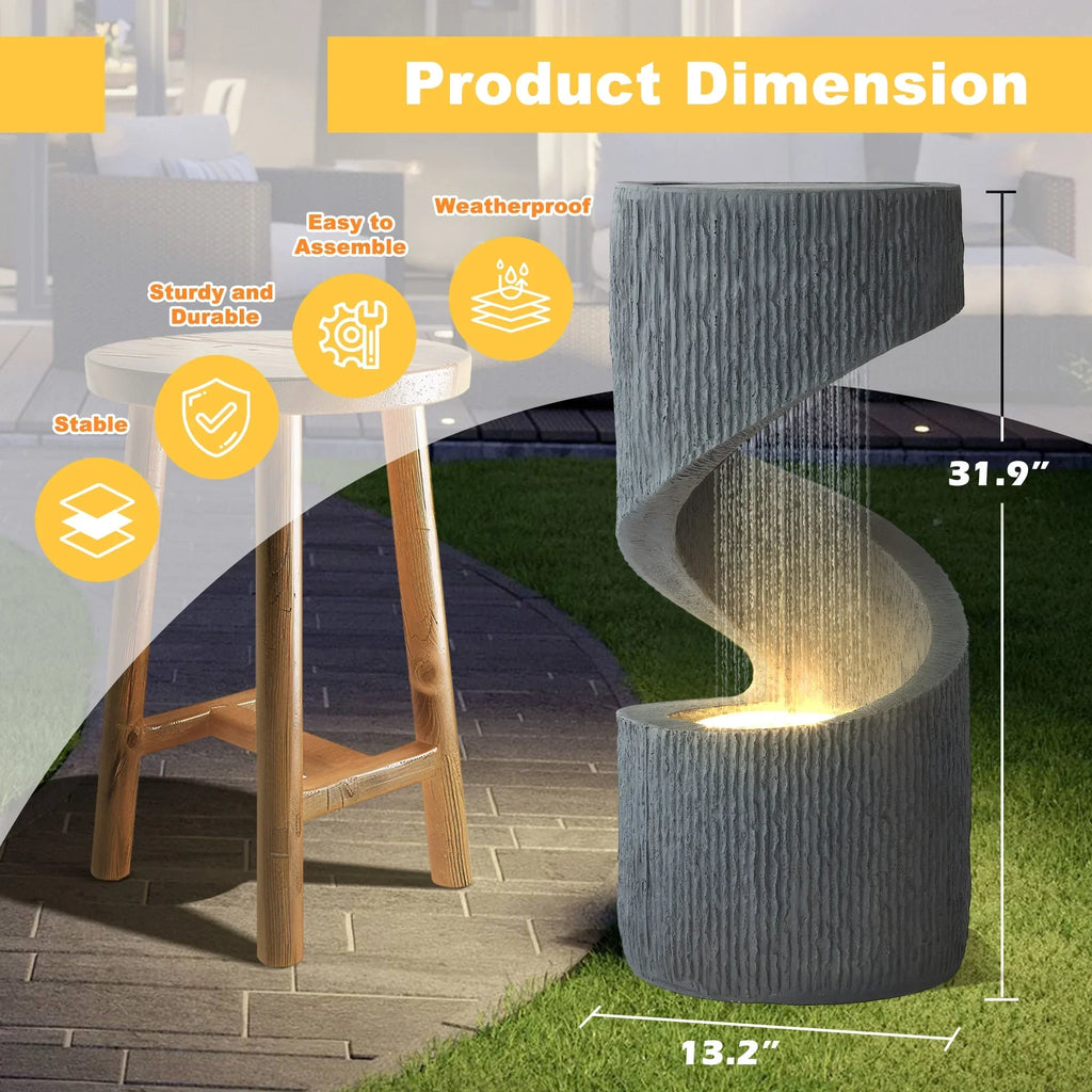2026 NewMagic Union Outdoor S-Shaped Water Fountain, Spiral Waterfall Indoor Fountain Outside Garden Decor with LED Lights & Pump, Curved Patio Resin Fountains for Yard, Deck, Porch and Home Decorations