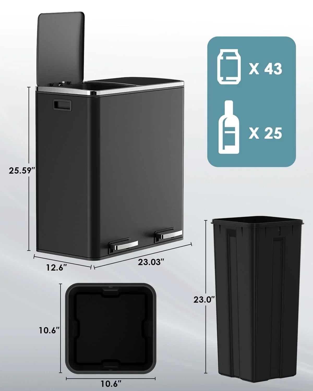 2026 NewLAZY BUDDY Dual Garbage Can, Stainless Steel 16 Gallon Step Kitchen Trash Can with Soft-Close Lid, Double Compartment Garbage Recycling Bin